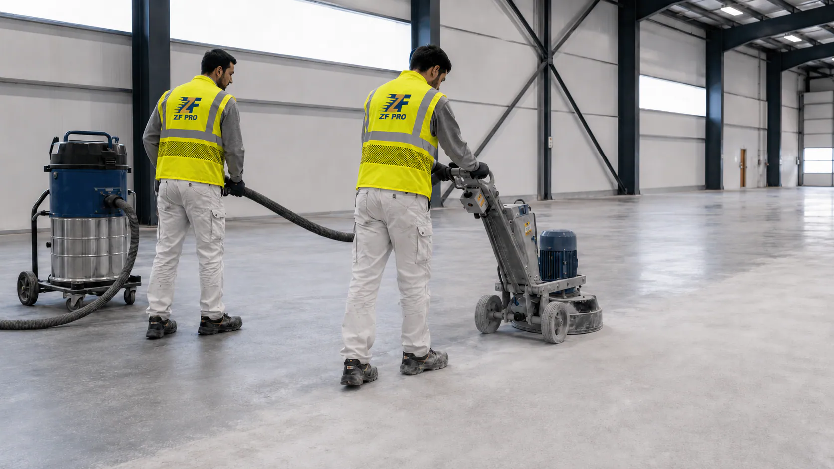 Préparation mécanique d’un sol industriel par l’équipe ZF PRO avant application du revêtement époxy